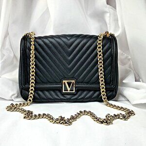 Victorias Secret Black Quilted Shoulder Bag With Gold Chain Strap Faux Leather